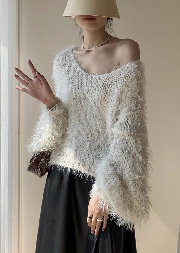 White Fluffy Hollow Out Knit Sweaters Spring