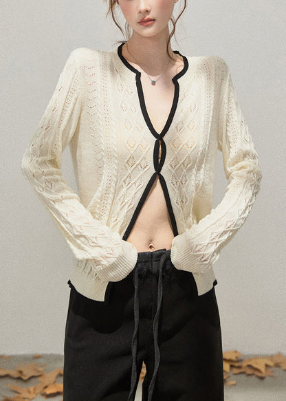 White Hollow Out Side Open Knit Tops Fall