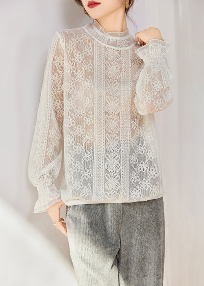 White Hollow Out Silm Fit Lace Shirts Spring