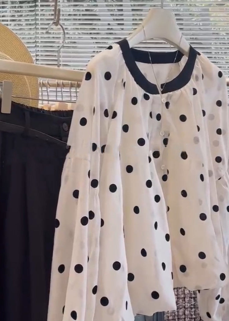 White O Neck Dot Button Cotton Shirts Long Sleeve