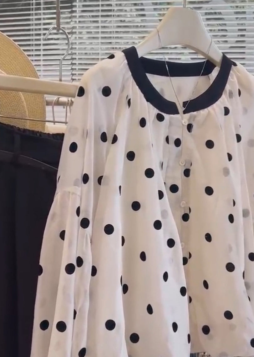 White O Neck Dot Button Cotton Shirts Long Sleeve