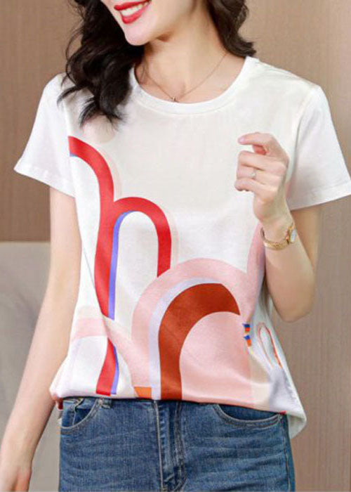 White O-neck Original Design Print Silk Tops Summer