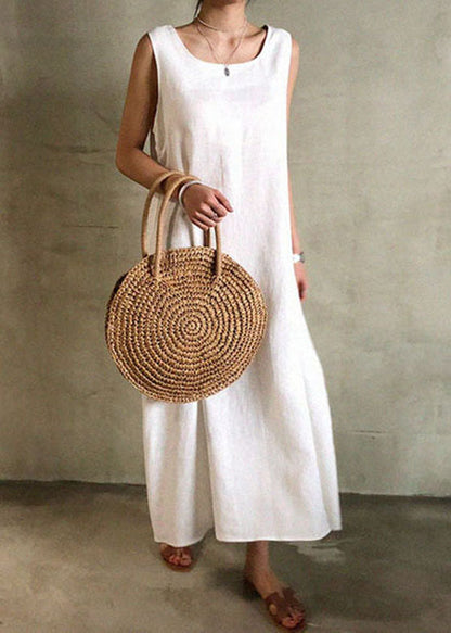 White O Neck Patchwork Cotton Maxi Dress Sleeveless