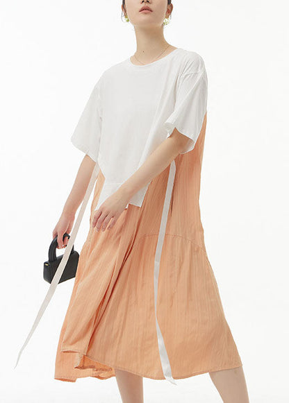 White O Neck Patchwork False Two Pieces Cotton Dress Summer