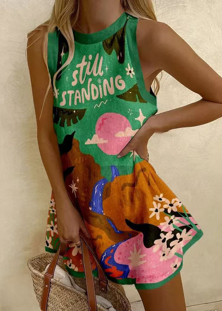 White O Neck Print Patchwork Cotton Mini Dresses Sleeveless