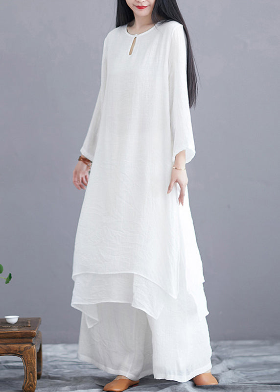White O Neck Side Open Cotton Two Pieces Set Long Sleeve