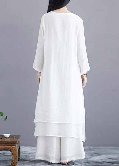 White O Neck Side Open Cotton Two Pieces Set Long Sleeve