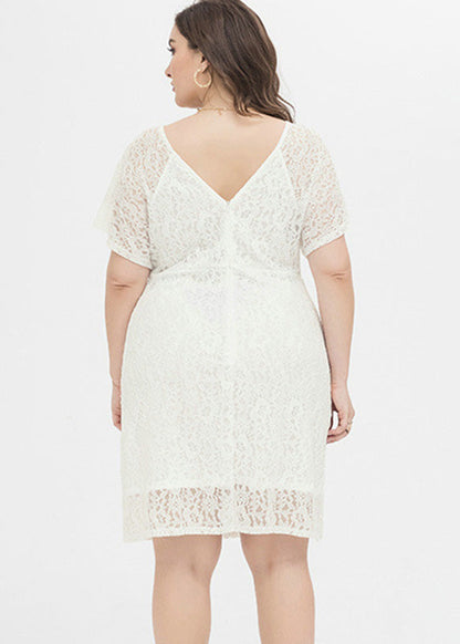 White Patchwork Lace Mid Dresses Short Sleeve