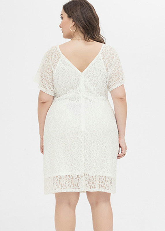 White Patchwork Lace Mid Dresses Short Sleeve
