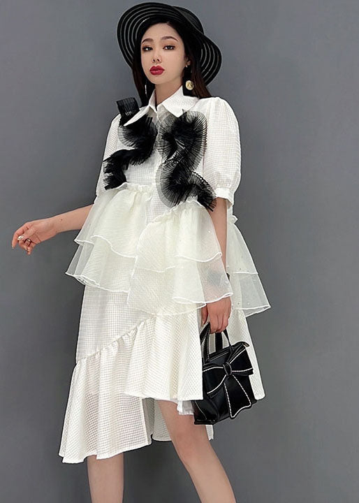 White Peter Pan Collar Asymmetrical Design Ruffles Patchwork Tulle Maxi Dresses Short Sleeve