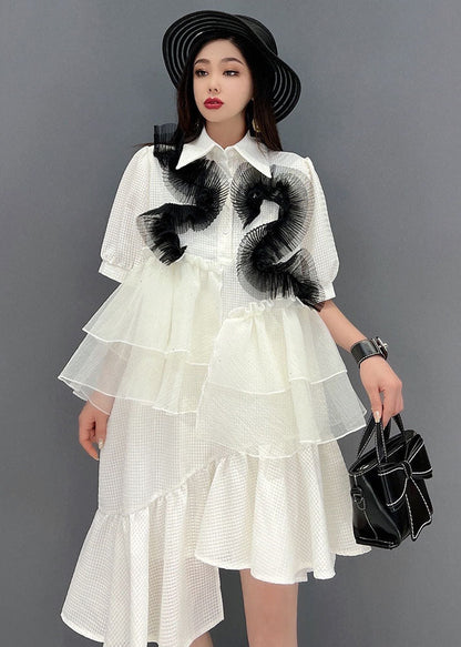 White Peter Pan Collar Asymmetrical Design Ruffles Patchwork Tulle Maxi Dresses Short Sleeve