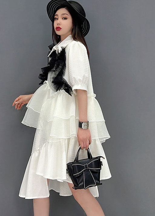 White Peter Pan Collar Asymmetrical Design Ruffles Patchwork Tulle Maxi Dresses Short Sleeve