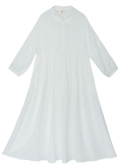 White Peter Pan Collar Button Vacation Summer Linen Dress
