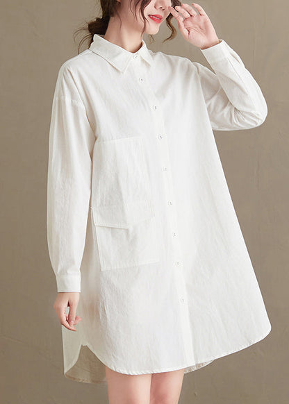 White Peter Pan Collar Pockets Cotton Shirt Top Fall