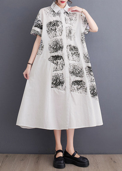 White Peter Pan Collar Print Long Shirt Dress Summer