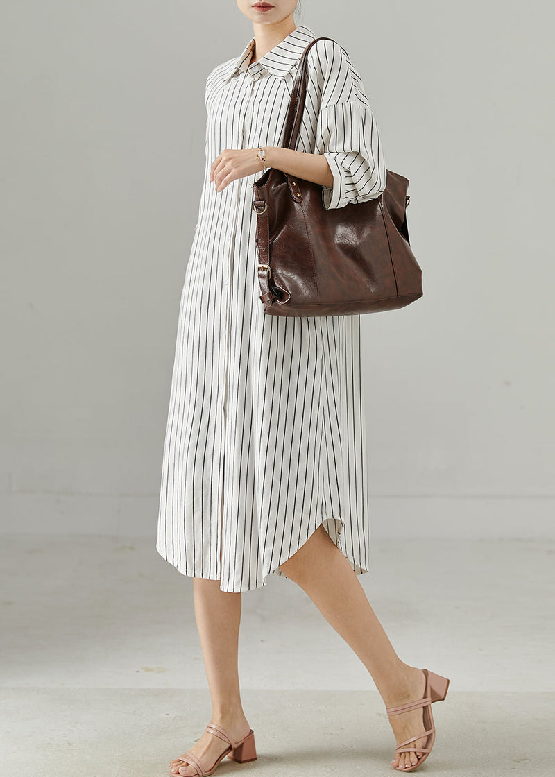 White Peter Pan Collar Striped Cotton Shirt Dresses Spring