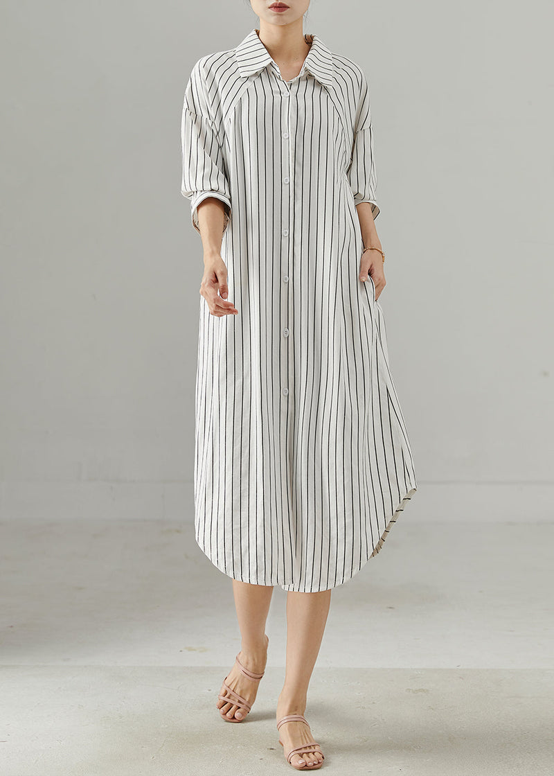 White Peter Pan Collar Striped Cotton Shirt Dresses Spring