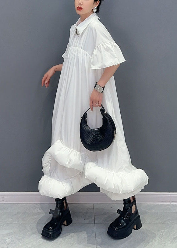 White Peter Pan Collar Wrinkled Patchwork Cotton Shirts Dress Summer