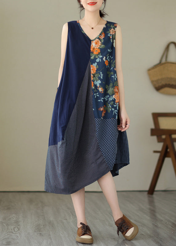 White Plaid Asymmetrical Print Cotton Dress Sleeveless