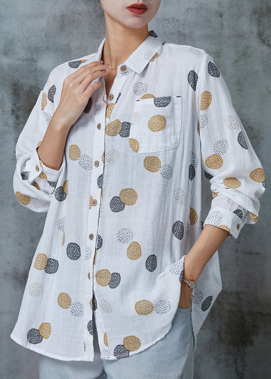 White Print Pocket Cotton Shirts Spring