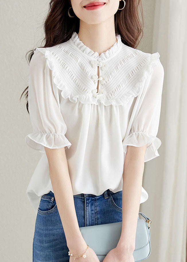 White Ruffled Chinese Button Patchwork Chiffon Shirt Top Summer