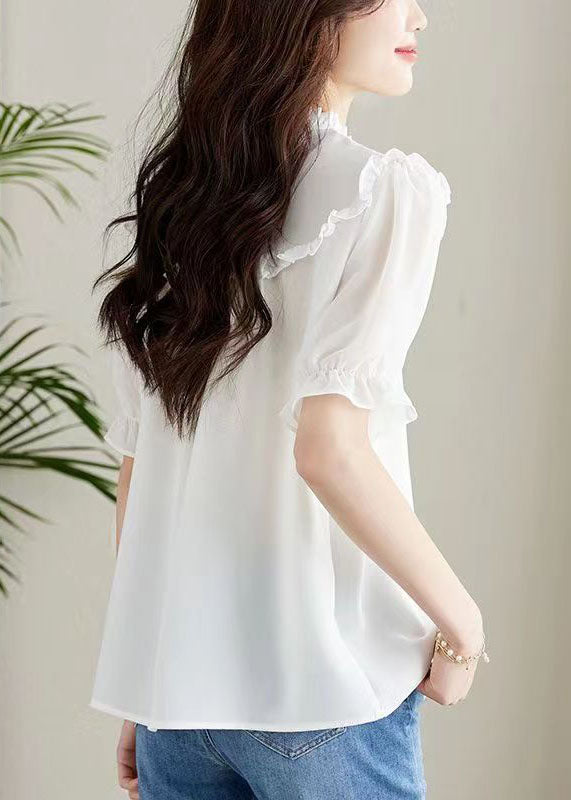 White Ruffled Chinese Button Patchwork Chiffon Shirt Top Summer