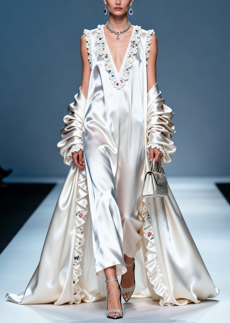 White Ruffled Exra Large Hem Silk Party Dress Summer