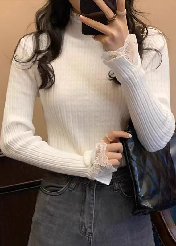 White Lace Patchwork Knit Sweaters Fall