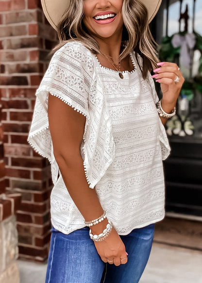 White Square Collar Hollow Out Lace Blouses Summer