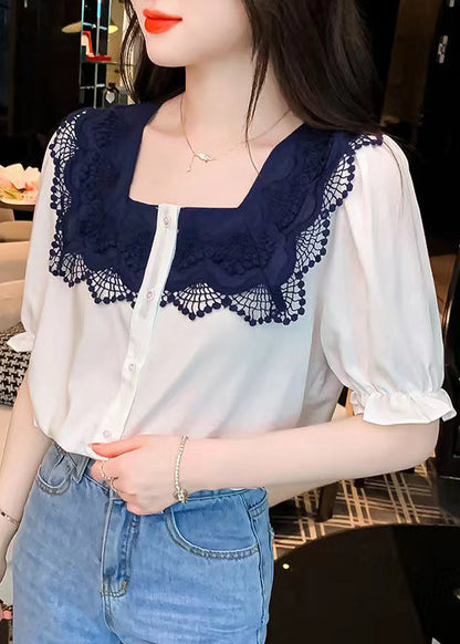 White Square Collar Lace Patchwork Button Shirt Short Sleeve