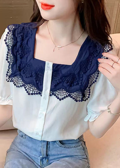 White Square Collar Lace Patchwork Button Shirt Short Sleeve