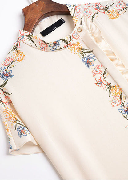 White Stand Collar Asymmetrical Ruffled Print Silk Tops Summer