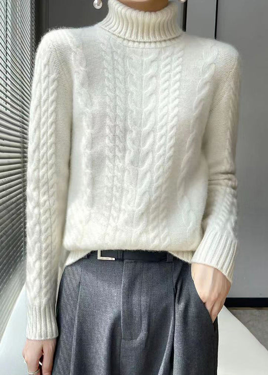 White Turtleneck Wool Cable Knit Sweaters Long Sleeve
