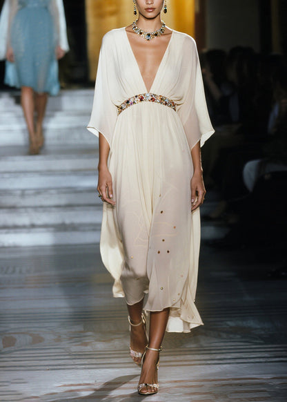 White V Neck Draping Chiffon Vacation Dresses Summer
