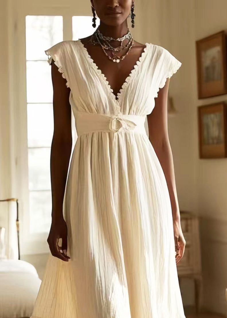 White V Neck Exra Large Hem Cotton Long Dress Sleeveless