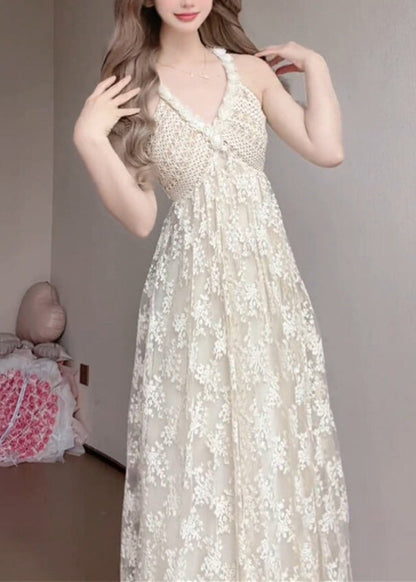 White V Neck Exra Large Hem Lace Spaghetti Strap Dress Summer