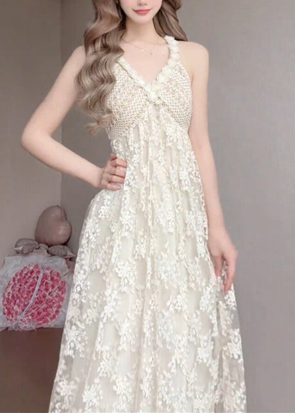 White V Neck Exra Large Hem Lace Spaghetti Strap Dress Summer