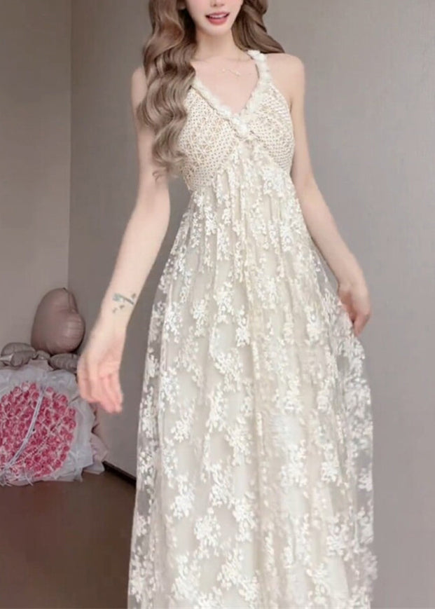 White V Neck Exra Large Hem Lace Spaghetti Strap Dress Summer