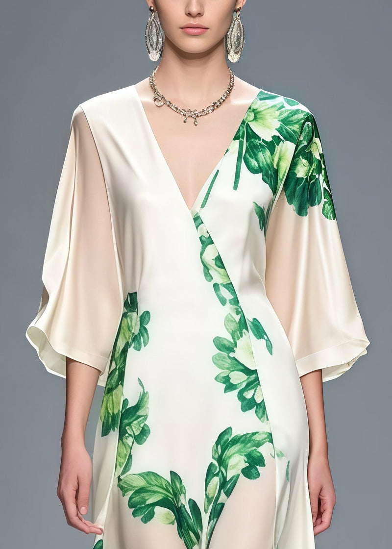 White V Neck Print Chiffon Dinner Dress Bracelet Sleeve