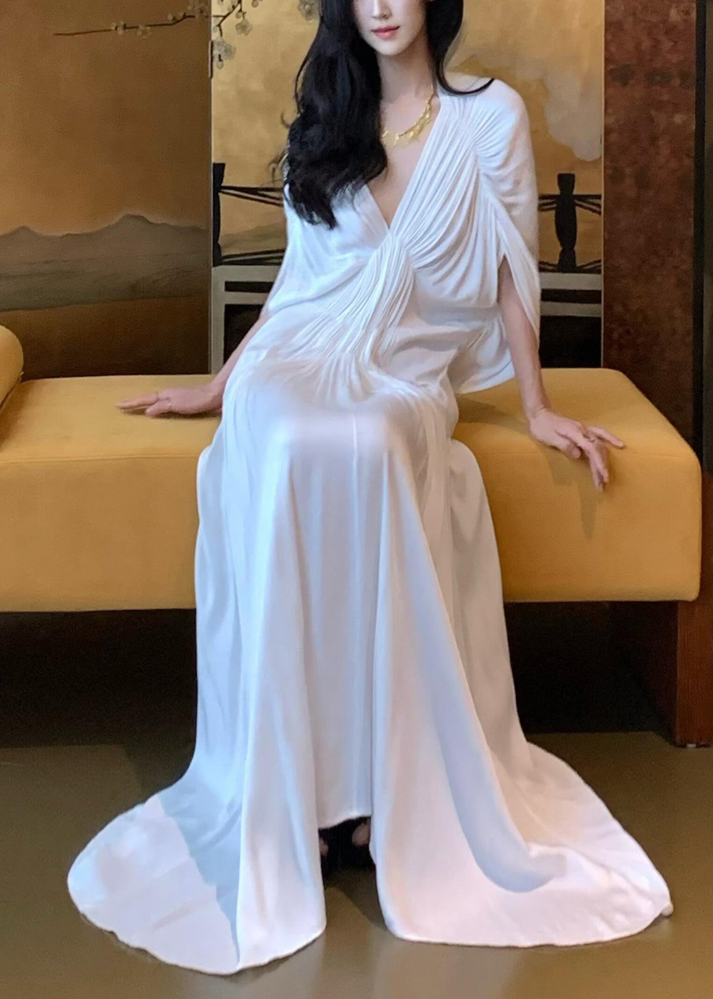 White V Neck Wrinkled Dresses Batwing Sleeve