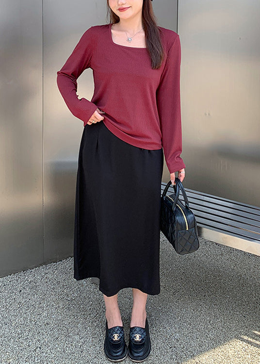 Wine Red Square Collar Patchwork Knit Tops and Skirts Two Pieces Set Fall