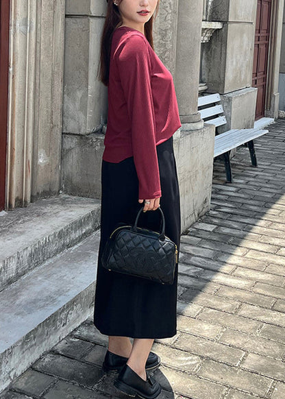 Wine Red Square Collar Patchwork Knit Tops and Skirts Two Pieces Set Fall