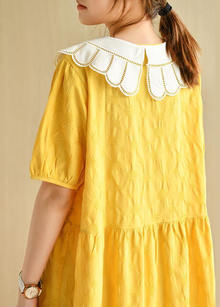 Yellow Button Patchwork Summer Cotton Short Sleeve Dress