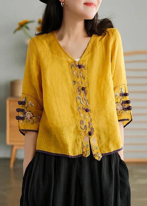 Brown Stripes Ramie Cardigan Embroidered Shirt