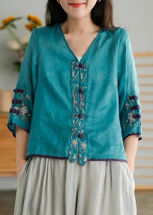 Red Polka Dots Ramie Cardigan Embroidered Shirt