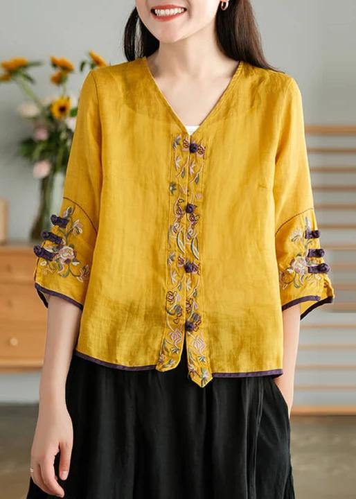 Green Beads Ramie Cardigan Embroidered Shirt