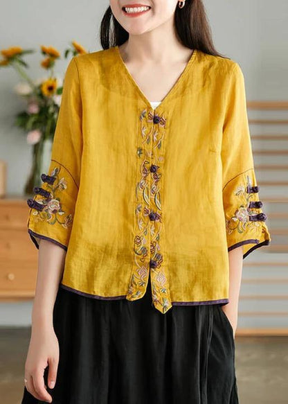 Brown Stripes Ramie Cardigan Embroidered Shirt