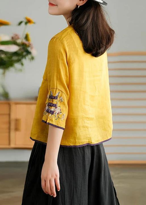 Brown Stripes Ramie Cardigan Embroidered Shirt