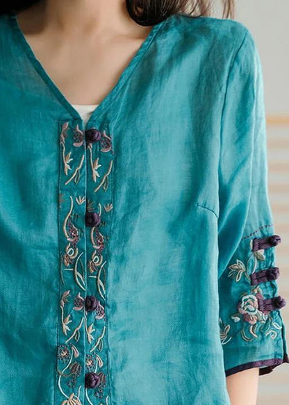 Brown Stripes Ramie Cardigan Embroidered Shirt