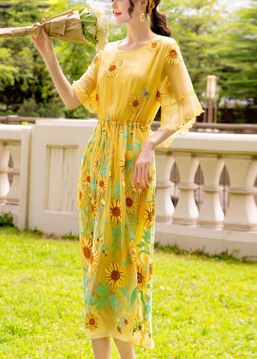 Yellow Daisy Embroideried Tie Waist Silk Vacation Dresses Flare Sleeve